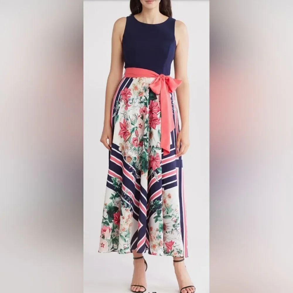 Eliza J Twofer Floral Scarf Print Maxi Dress NWOT Sz 4 Ivory-Multi